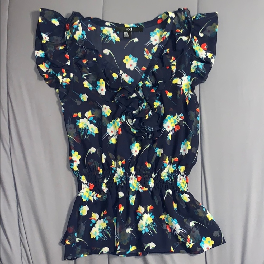 Forever 21 Sheer Floral Top - Navy - Size: Small